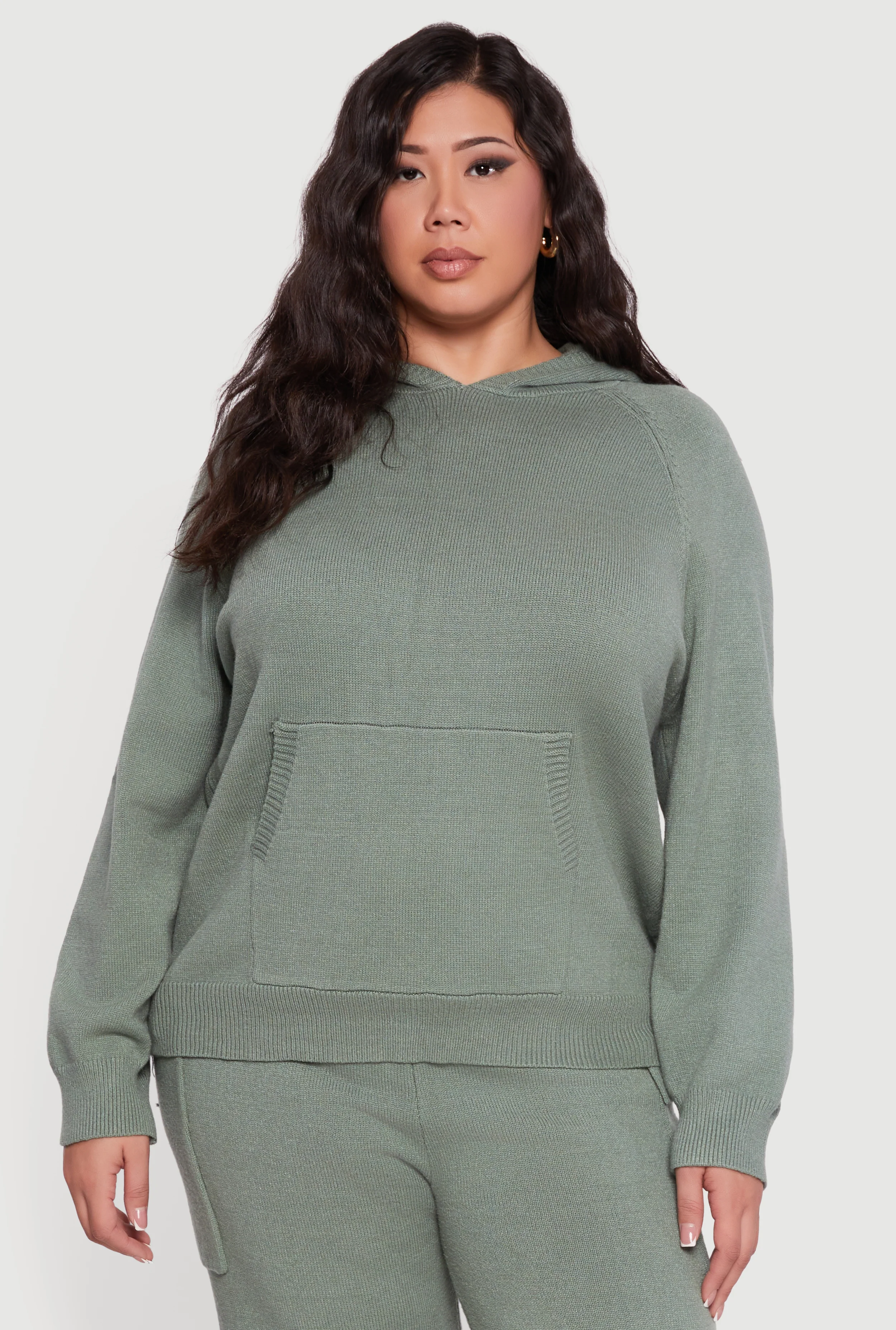 Plus Size Kangaroo Pocket Ribbed Knit Sweater Hoodie