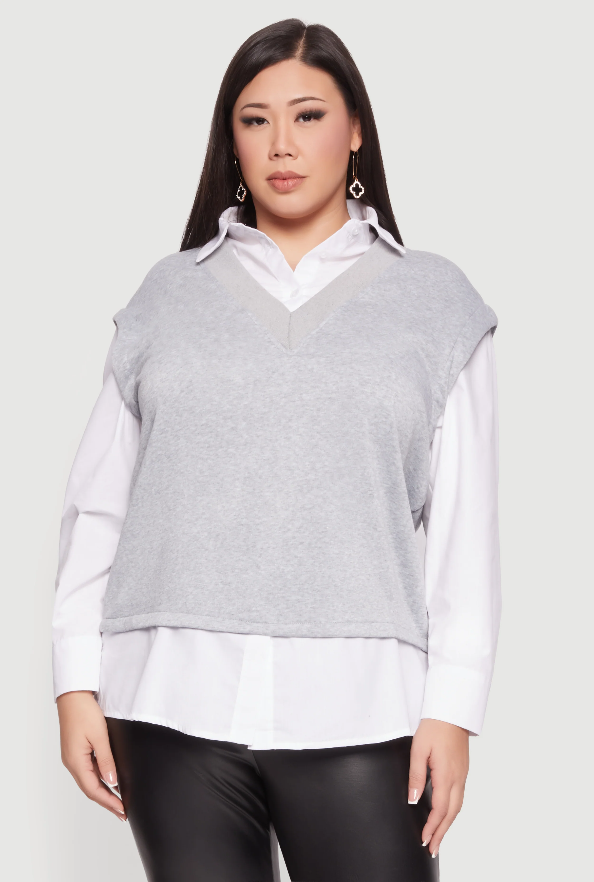 Plus Size Shirt Collar Layered Look Vest