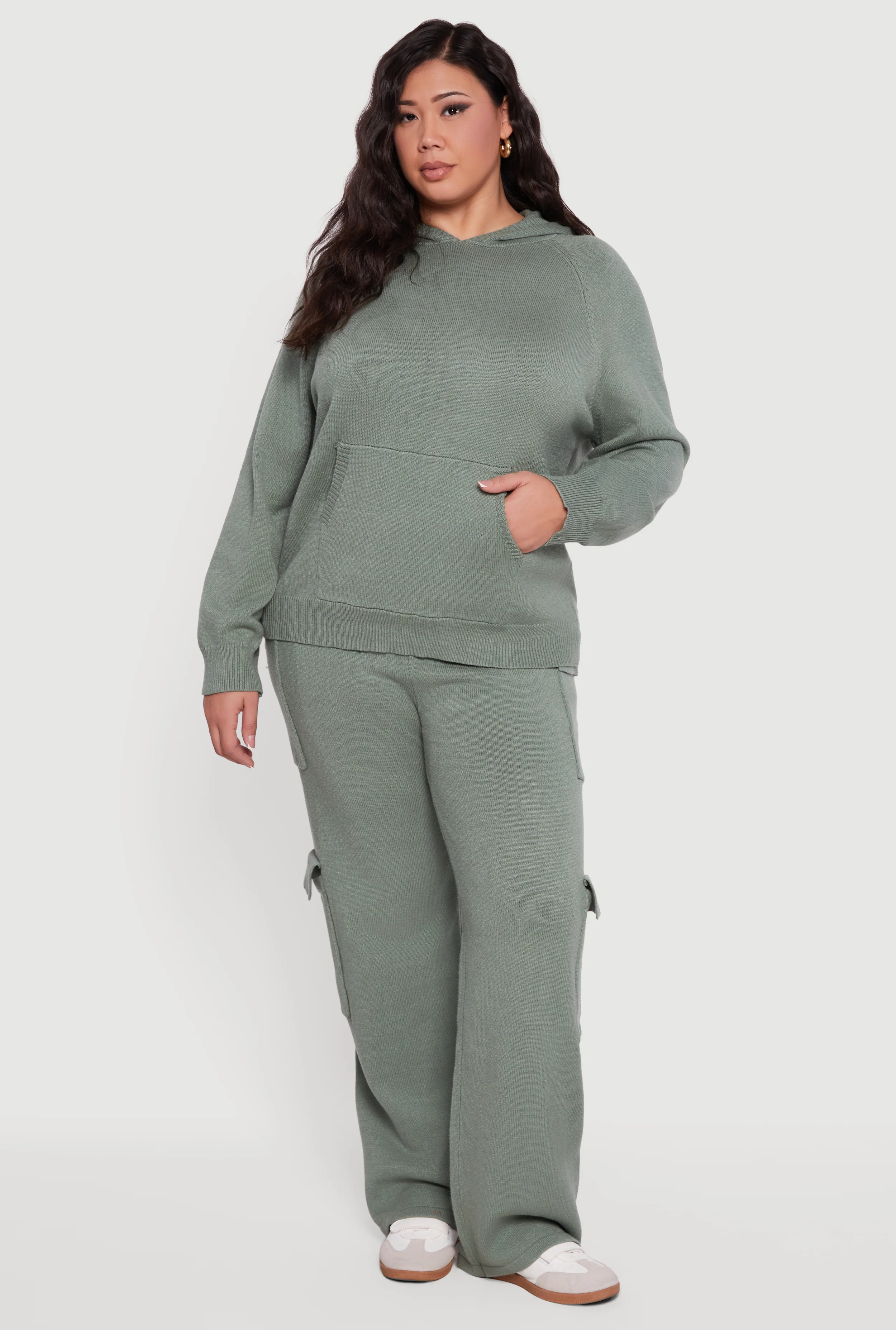 Plus Size Kangaroo Pocket Ribbed Knit Sweater Hoodie