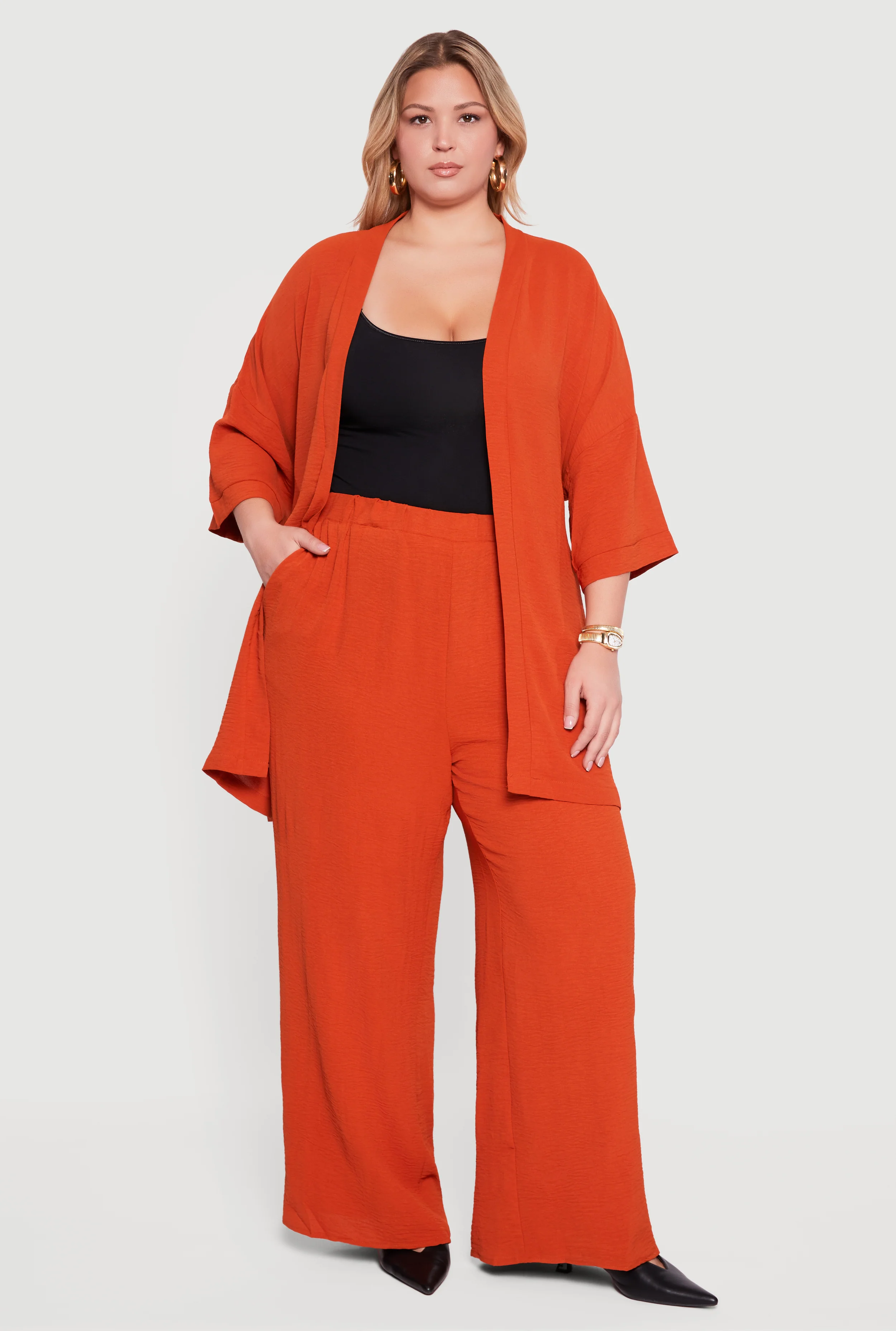 Plus Size High Waisted Wide Leg Crepe Knit Casual Pants
