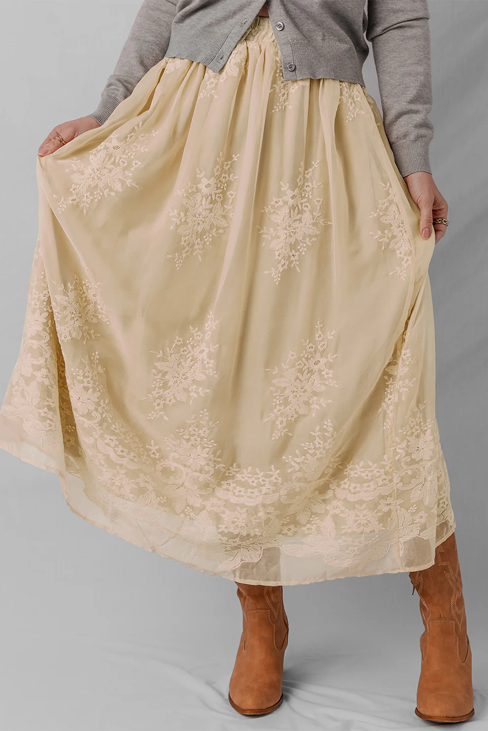 Oatmeal Embroidered Mesh Overlay Flowy Long Skirt