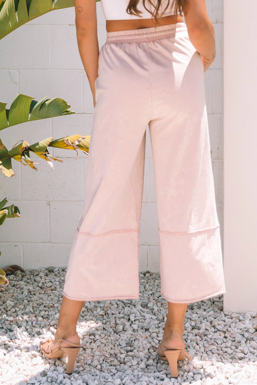 Pink Flower Patch Mineral Washed Terry Knit Cropped Wide Leg Pants
