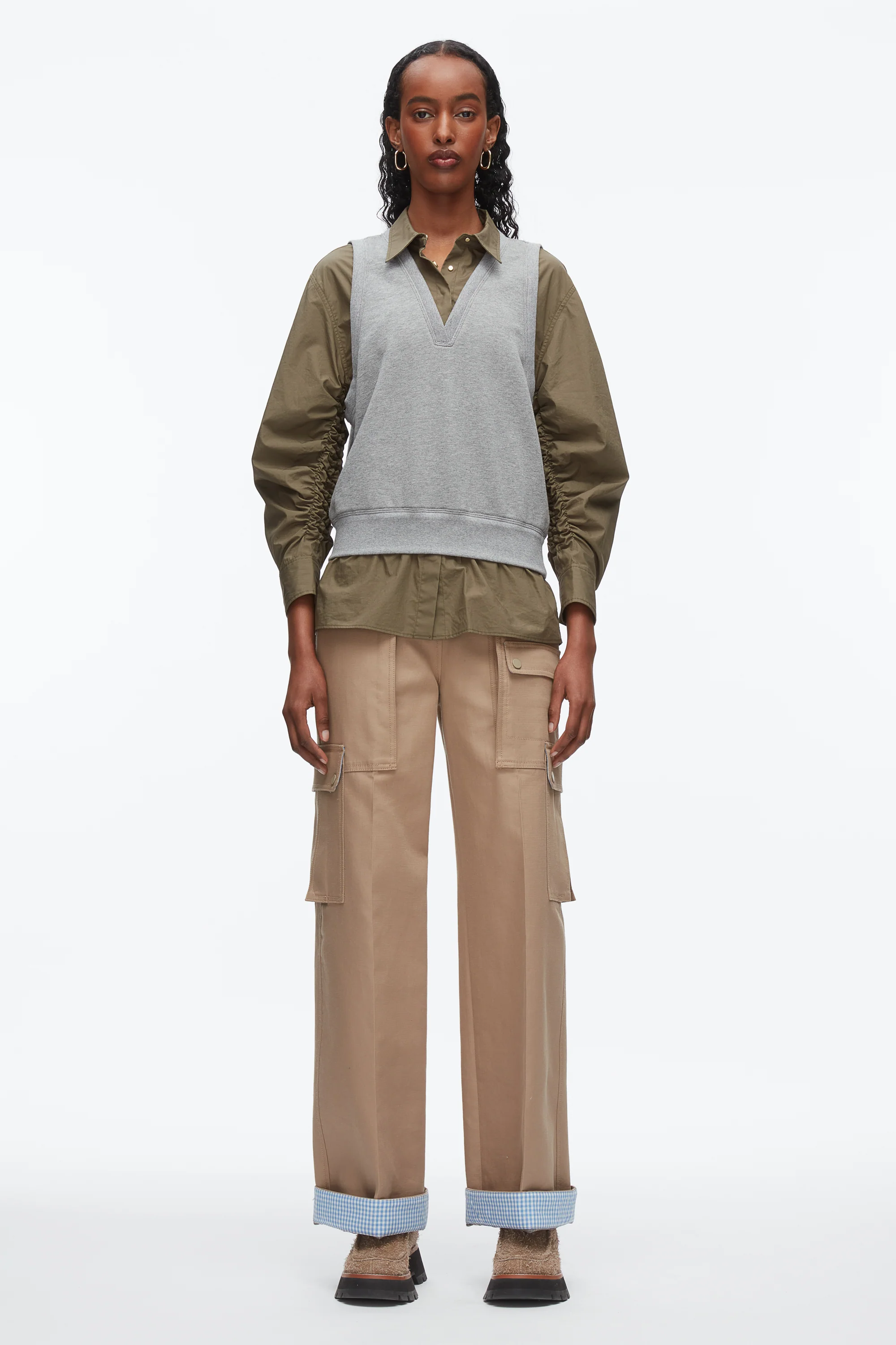 Layered Vest Ruched Sleeve Shirt