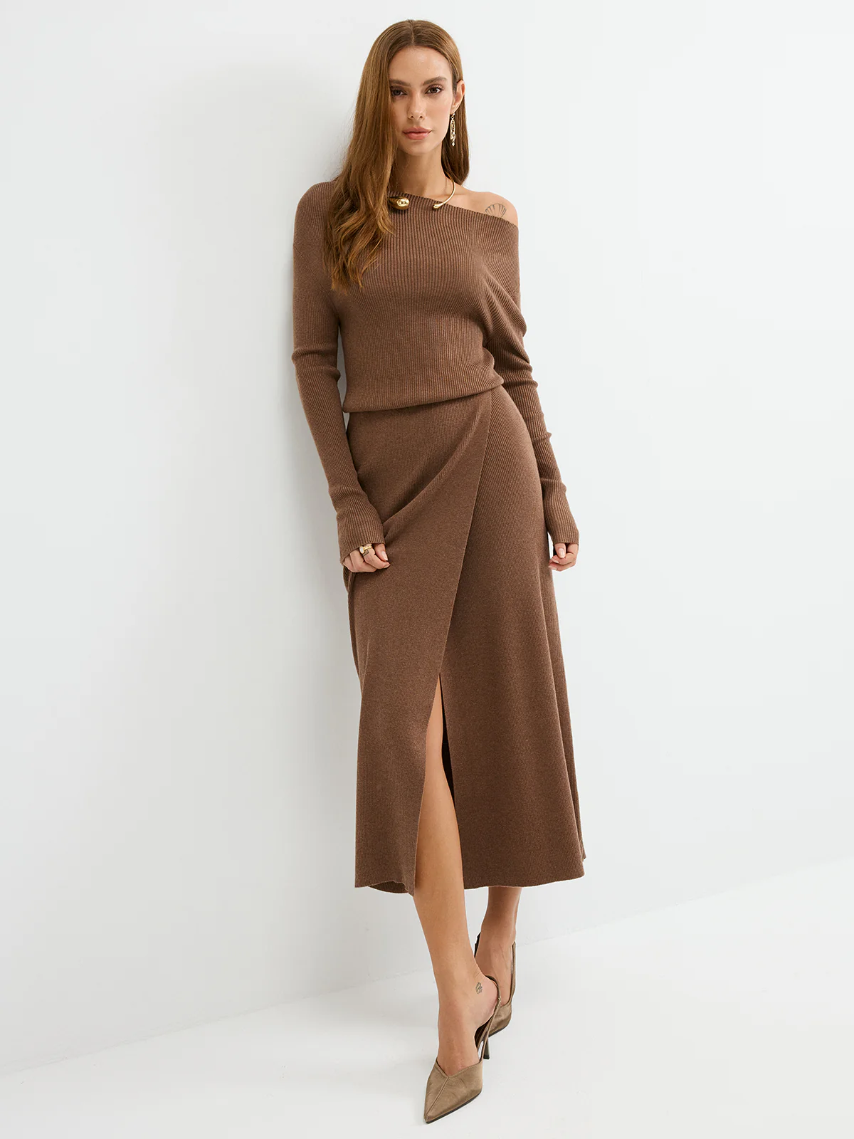 Off-Shoulder Ribbed Wool Blend Maxi Dress