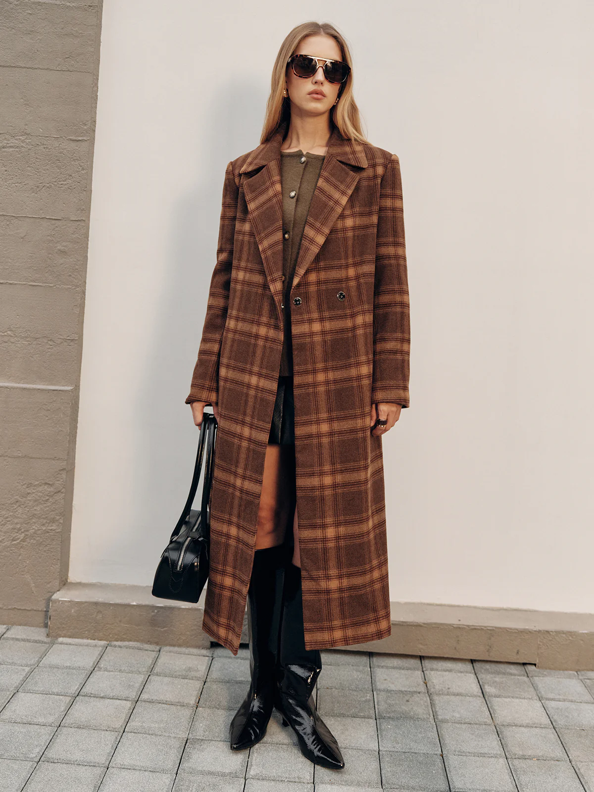 Belted Plaid Long Tweed Coat