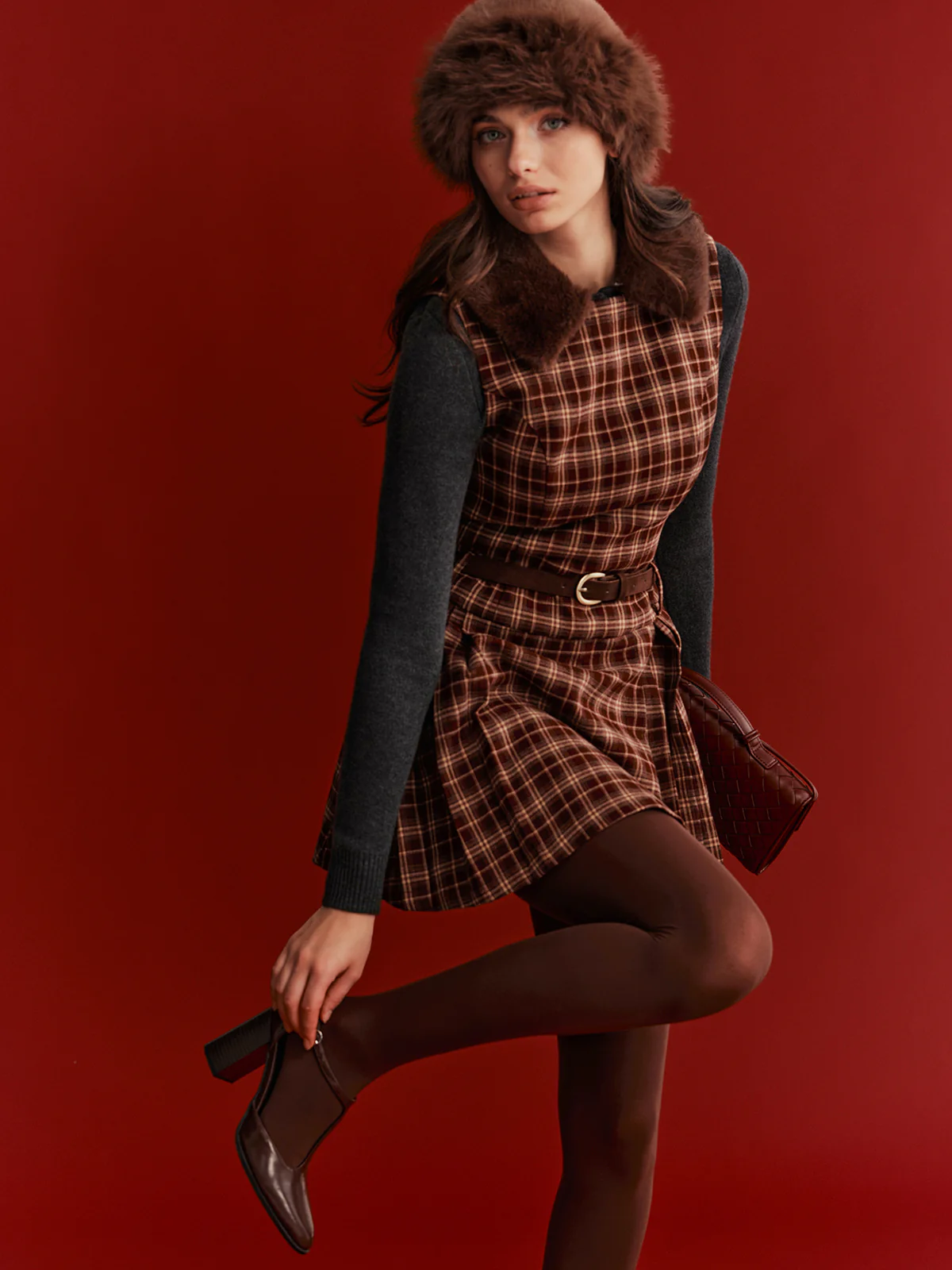 Belted Plaid Sleeveless Mini Dress