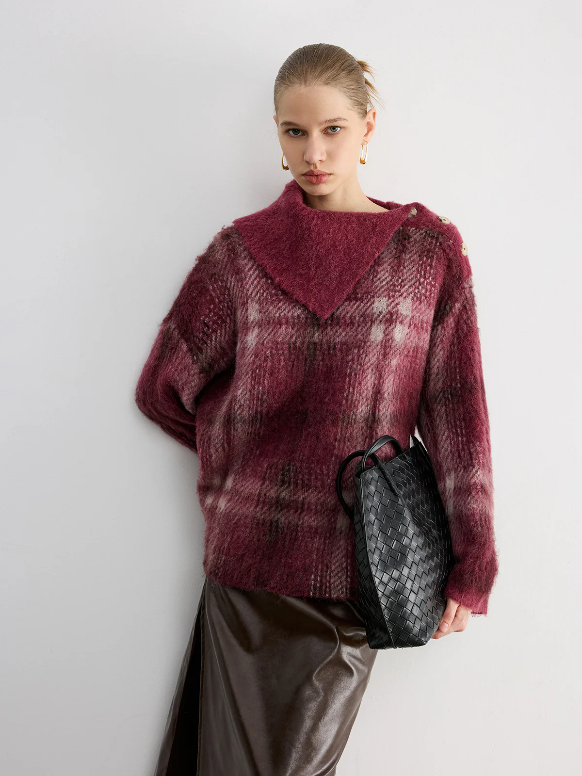 Wool Blend Plaid Asymmetric Collar Buttoned Sweater