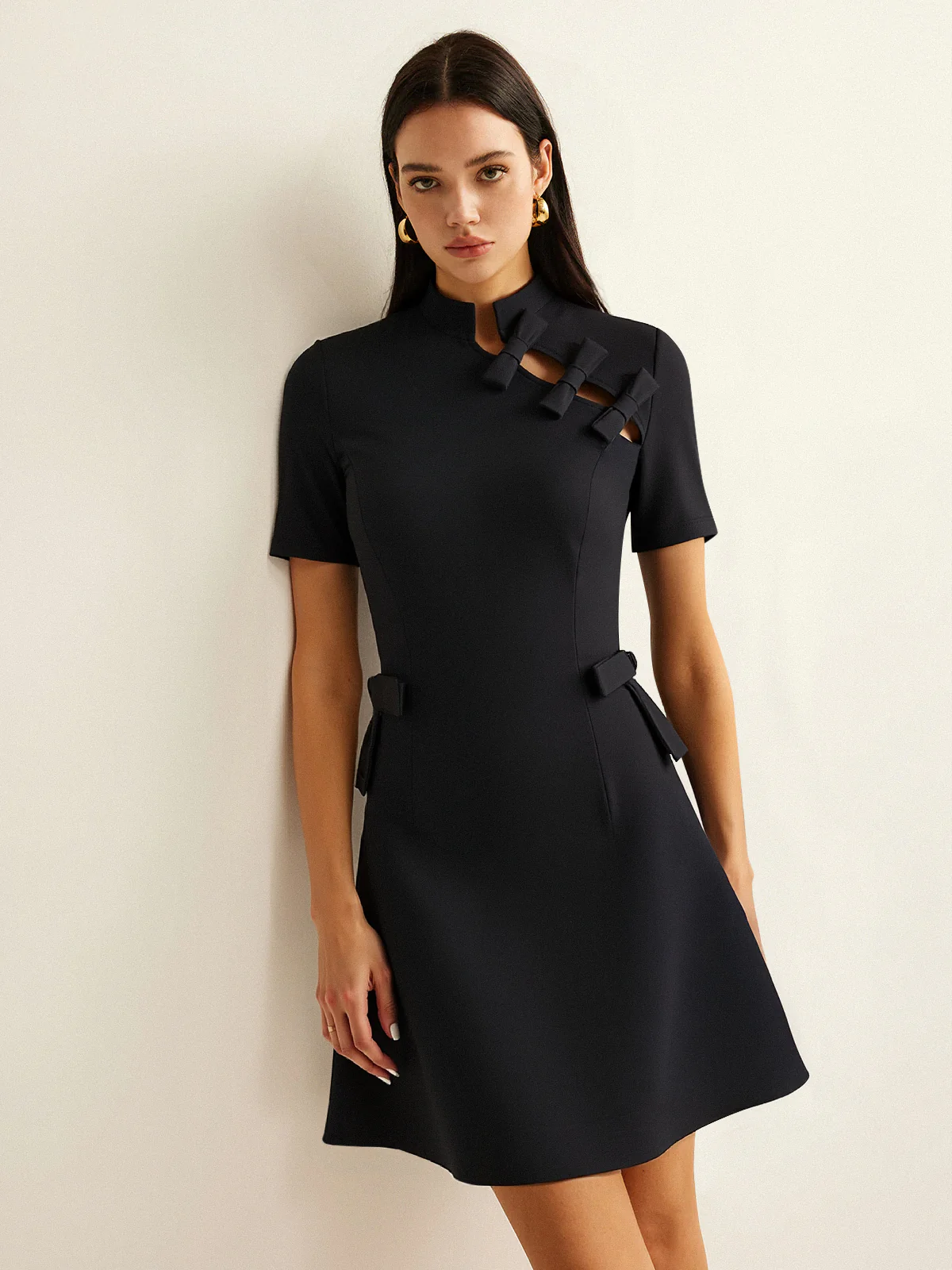 Bow Cut-Out Stand Collar Short Sleeve Dress