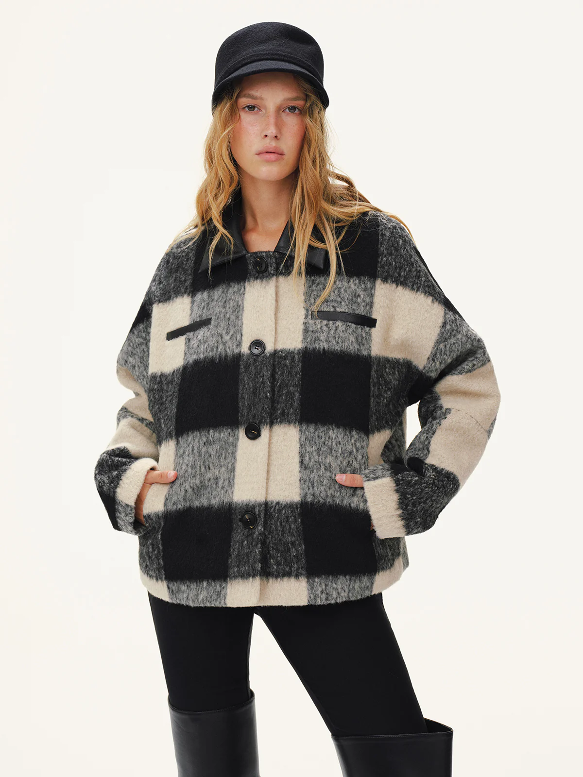 Faux Leather Collar Plaid Faux Cashmere Coat