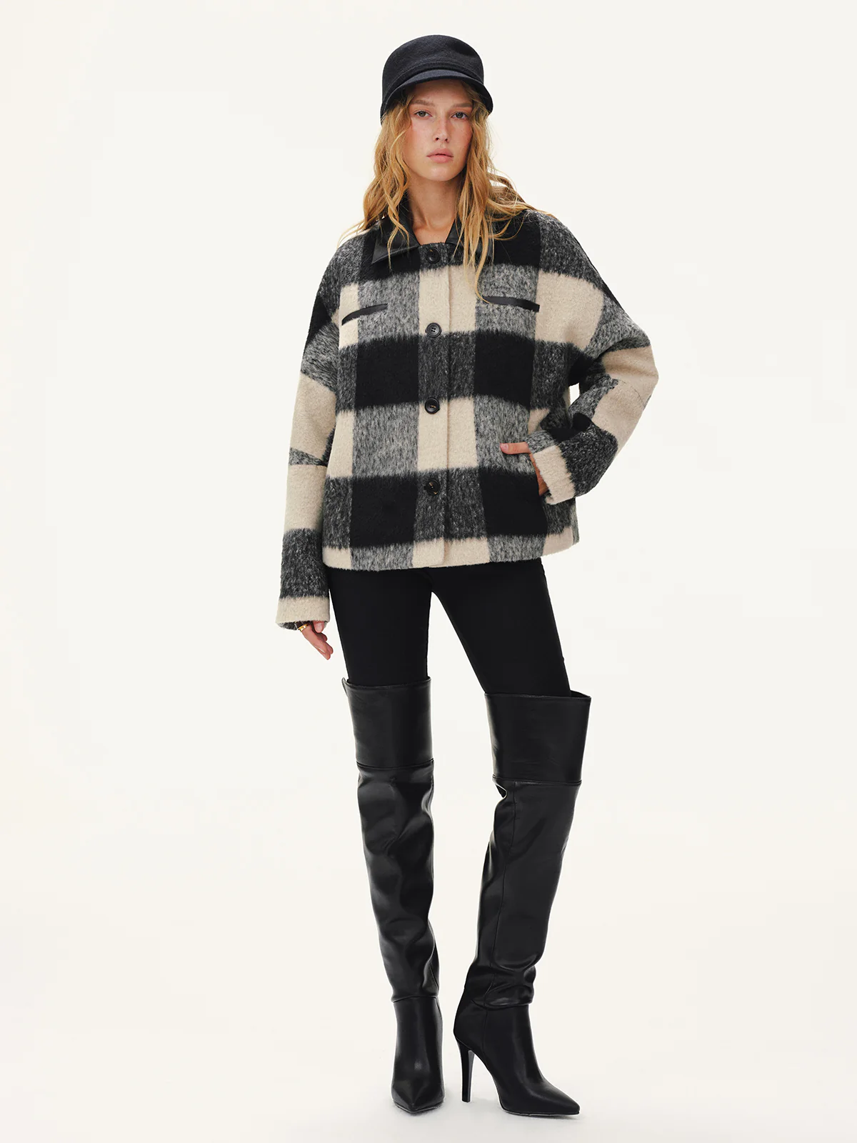 Faux Leather Collar Plaid Faux Cashmere Coat